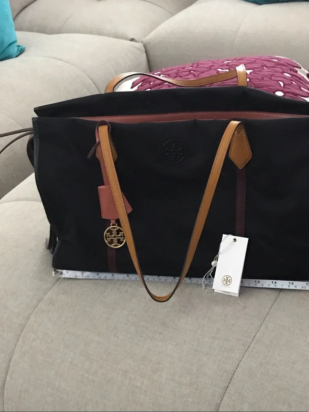 Tory Burch Black Nylon Tote with Leather Tan Straps and Burgundy Trim